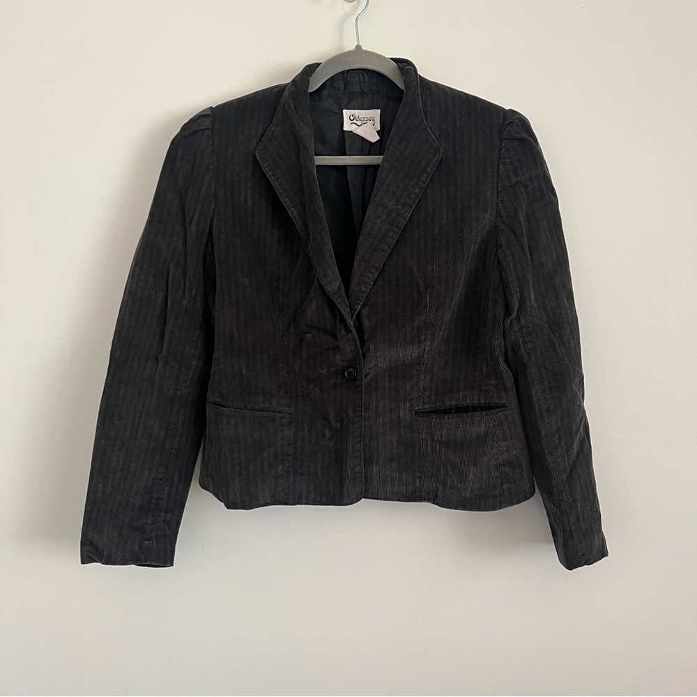 Vintage 80s Odyssey Black Gray Corduroy Pinstripe Blazer Size 13/14